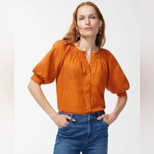 Chico’s Orange Ramie Cutwork Blouse Size 4 Lightweight Embroidered Summer Top